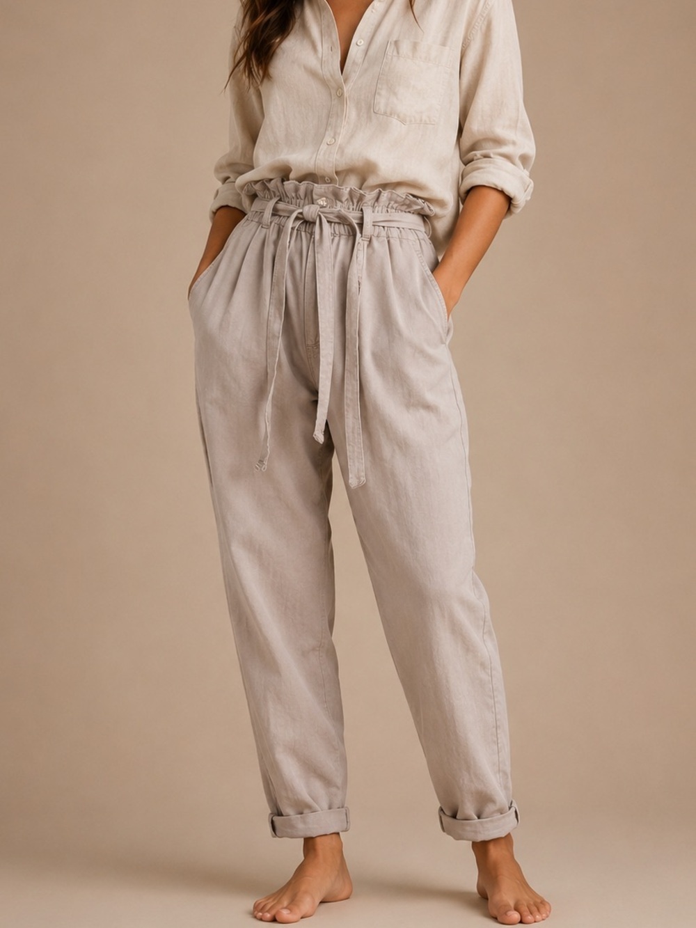 Thread + Supply Medium Taupe Paperbag Waist Tie Pants Medium